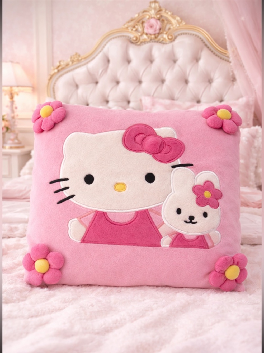 HELLO KITTY PINK PLUSH 3D THROW PILLOW 18” SANRIO TINY CHUM KAWAII DECOR